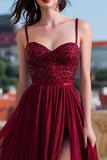 Burgundy A-Line Sequin Maxi Prom Dress With Slit
