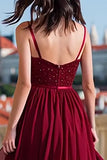 Burgundy A-Line Sequin Maxi Prom Dress With Slit