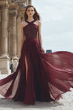 Burgundy Chiffon A-Line Sequin Maxi Dress With Slit