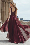 Burgundy Chiffon A-Line Sequin Maxi Dress With Slit