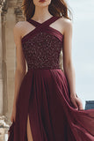 Burgundy Chiffon A-Line Sequin Maxi Dress With Slit