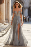 Light Grey A-Line Cold Shoulder Maxi Prom Dress With Slit