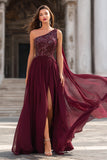 Burgundy One Shoulder Sequin A-Line Maxi Dress With Slit