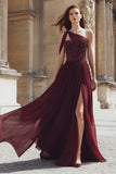 Burgundy Sequin One Shoulder A-Line Maxi Formal Dress With Slit