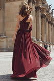 Burgundy Sequin One Shoulder A-Line Maxi Formal Dress With Slit