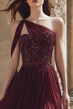 Burgundy Sequin One Shoulder A-Line Maxi Formal Dress With Slit