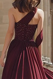 Burgundy Sequin One Shoulder A-Line Maxi Formal Dress With Slit