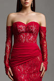 Red Lace Mermaid Strapless Long Formal Dress