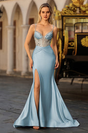 Dusty Blue Satin Mermaid Corset Sequin Beaded Prom Dress With Slit