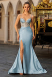 Dusty Blue Satin Mermaid Corset Sequin Beaded Prom Dress With Slit