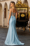 Dusty Blue Satin Mermaid Corset Sequin Beaded Prom Dress With Slit
