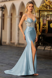 Dusty Blue Satin Mermaid Corset Sequin Beaded Prom Dress With Slit