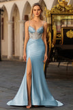 Dusty Blue Satin Mermaid Corset Sequin Beaded Prom Dress With Slit