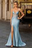 Dusty Blue Satin Mermaid Corset Sequin Beaded Prom Dress With Slit