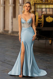 Dusty Blue Satin Mermaid Corset Sequin Beaded Prom Dress With Slit