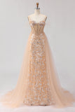 Sparkly Champagne Beaded Corset Prom Dress With Tulle Overlay