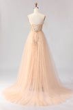 Sparkly Champagne Beaded Corset Prom Dress With Tulle Overlay