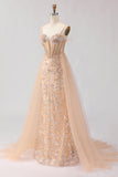 Sparkly Champagne Beaded Corset Prom Dress With Tulle Overlay