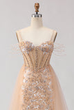 Sparkly Champagne Beaded Corset Prom Dress With Tulle Overlay