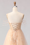 Sparkly Champagne Beaded Corset Prom Dress With Tulle Overlay