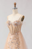 Sparkly Champagne Beaded Corset Prom Dress With Tulle Overlay