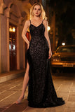 Sparkly Black Mermaid Spaghetti Straps Prom Dress With Slit
