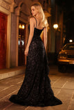 Sparkly Black Mermaid Spaghetti Straps Prom Dress With Slit