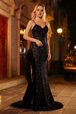 Sparkly Black Mermaid Spaghetti Straps Prom Dress With Slit