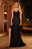 Sparkly Black Mermaid Spaghetti Straps Prom Dress With Slit