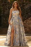 Strapless Plus Size Corset A Line Brocade Dusty Blue Prom Dress