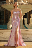 Metallic Dark Green Strapless Mermaid Corset Prom Dress With Slit