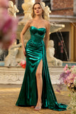 Metallic Dark Green Strapless Mermaid Corset Prom Dress With Slit