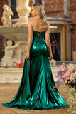 Metallic Dark Green Strapless Mermaid Corset Prom Dress With Slit