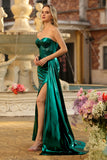 Metallic Dark Green Strapless Mermaid Corset Prom Dress With Slit