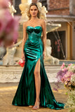 Metallic Dark Green Strapless Mermaid Corset Prom Dress With Slit