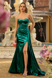 Metallic Dark Green Strapless Mermaid Corset Prom Dress With Slit