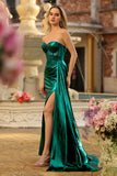 Metallic Dark Green Strapless Mermaid Corset Prom Dress With Slit