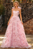 Pink Floral Sequin Corset A Line Prom Dress with Bows