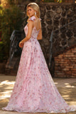 Pink Floral Sequin Corset A Line Prom Dress with Bows