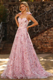 Pink Floral Sequin Corset A Line Prom Dress with Bows