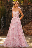 Pink Floral Sequin Corset A Line Prom Dress with Bows