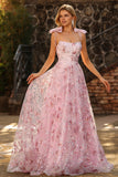 Pink Floral Sequin Corset A Line Prom Dress with Bows
