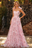 Pink Floral Sequin Corset A Line Prom Dress with Bows