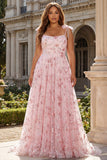Sparkly Pink Floral Corset Plus Size A Line Prom Dress