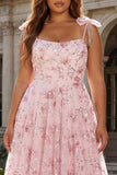 Sparkly Pink Floral Corset Plus Size A Line Prom Dress