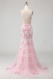 Pink Flower Mermaid Corset Spaghetti Straps Prom Dress With Sequins