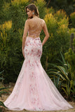Pink Floral Mermaid Corset Spaghetti Straps Prom Dress