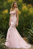 Pink Floral Mermaid Corset Spaghetti Straps Prom Dress