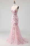 Pink Flower Mermaid Corset Spaghetti Straps Prom Dress With Sequins