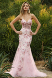 Pink Floral Mermaid Corset Spaghetti Straps Prom Dress